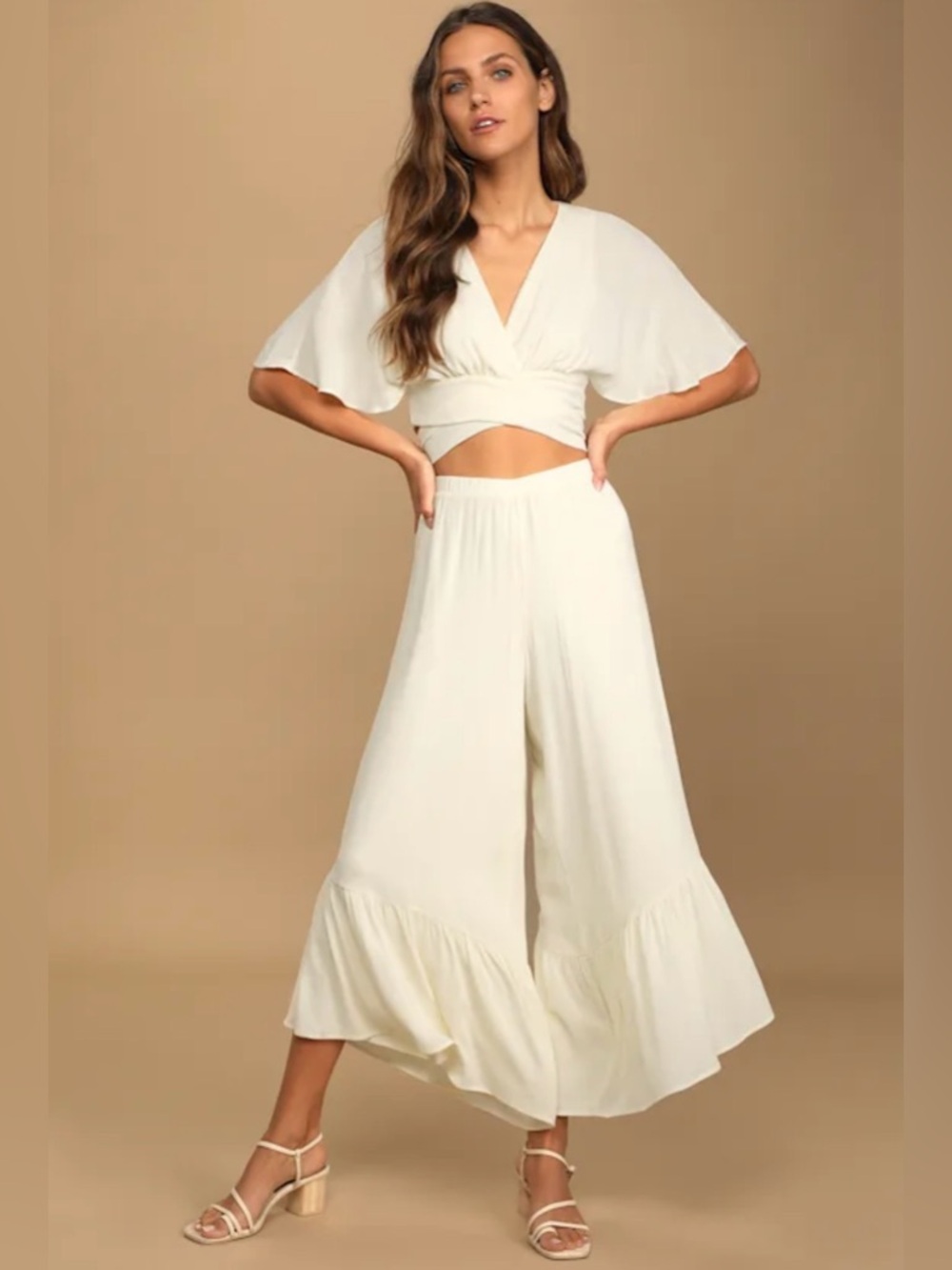 Lulus Vacation Time Cream Short Sleeve Two-Piece Jumpsuit